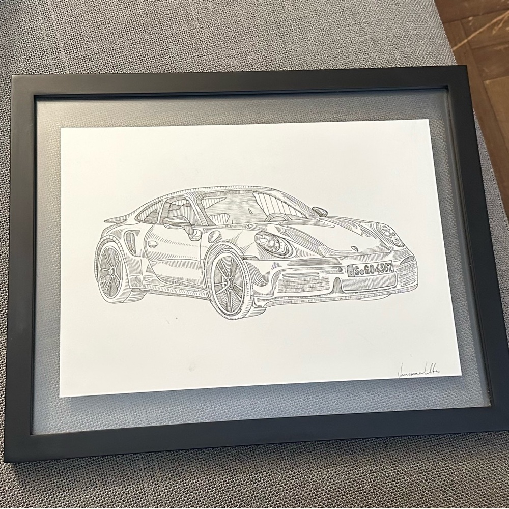 Framed Porsche Car Sketch Art